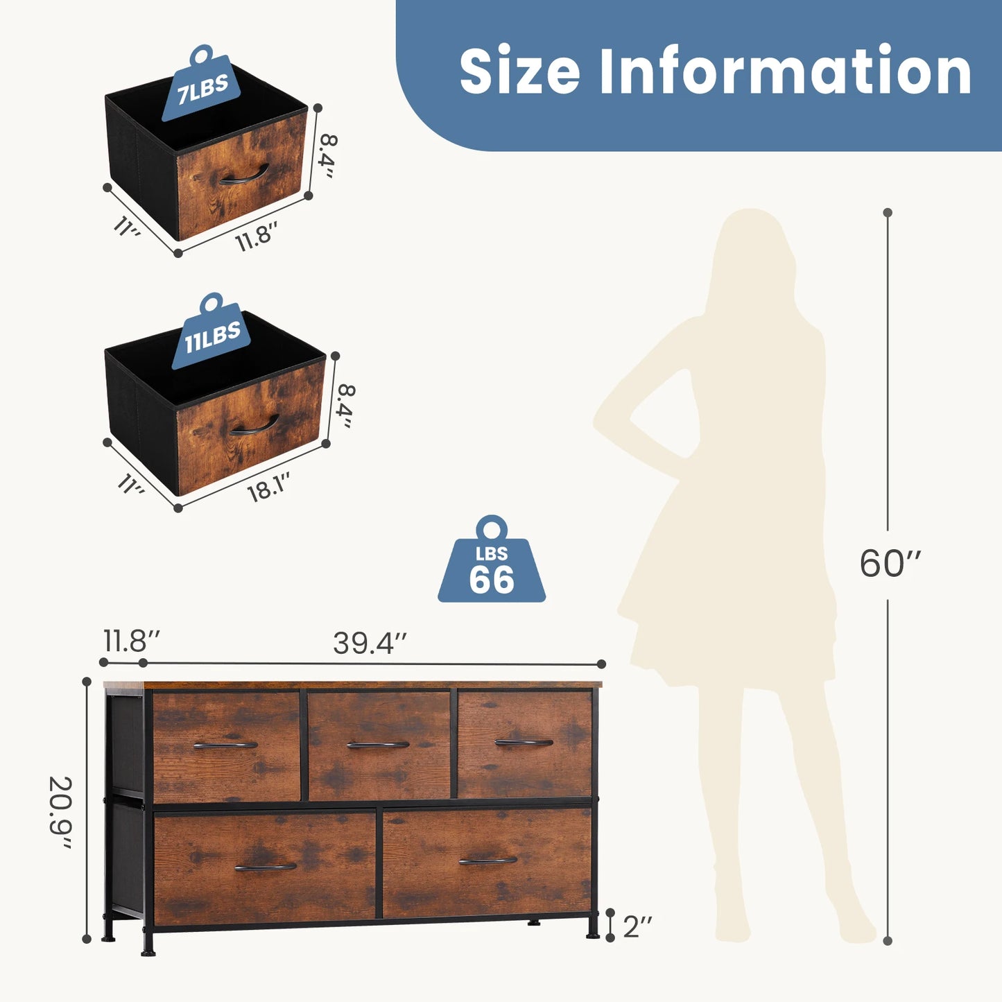 Modern 5-Drawer Storage Cabinet with Wood Top & Metal Frame