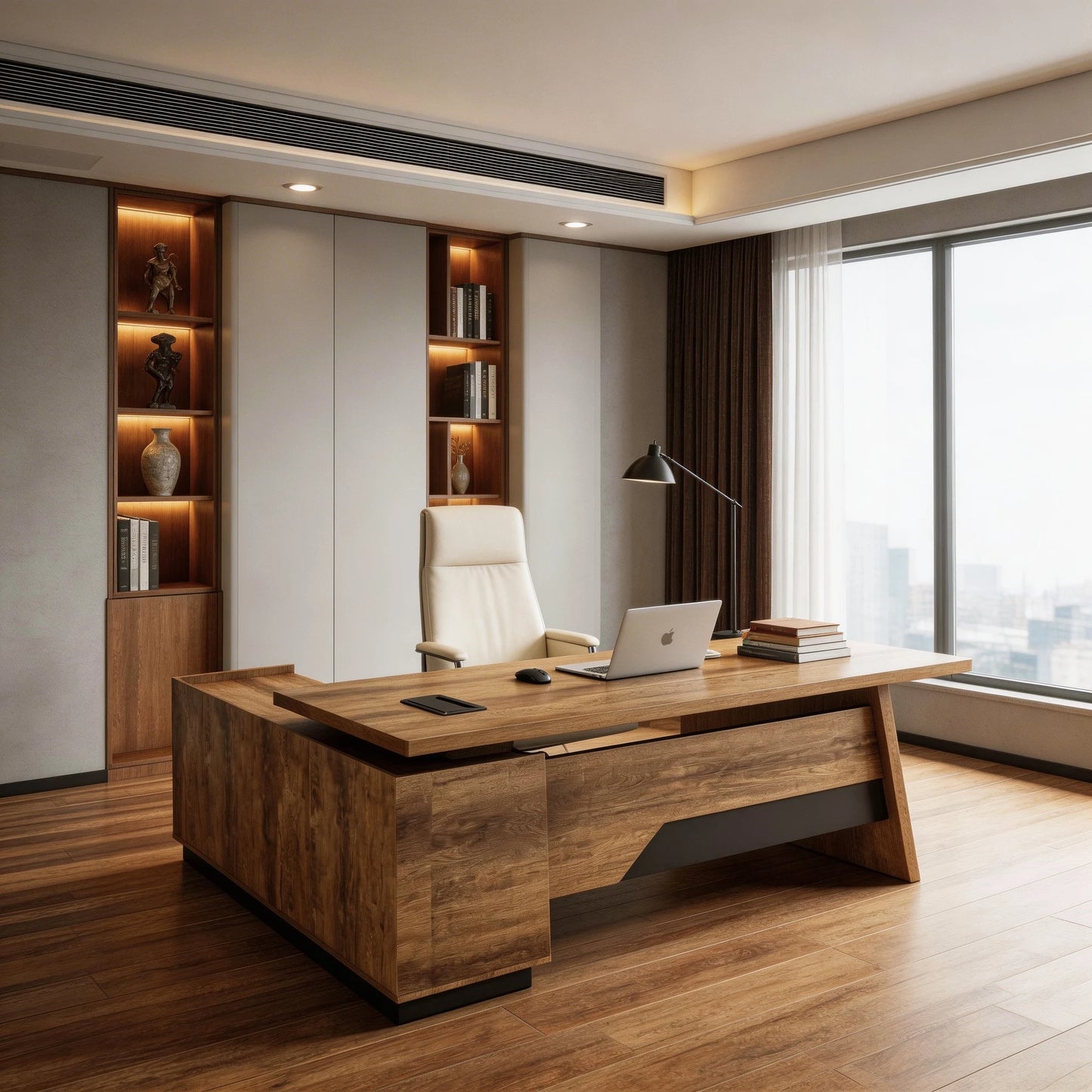 Executive L-Shaped Wooden Office Desk with Storage Cabinet