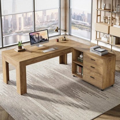 63" Executive L-Shaped Desk with Rolling File Cabinet