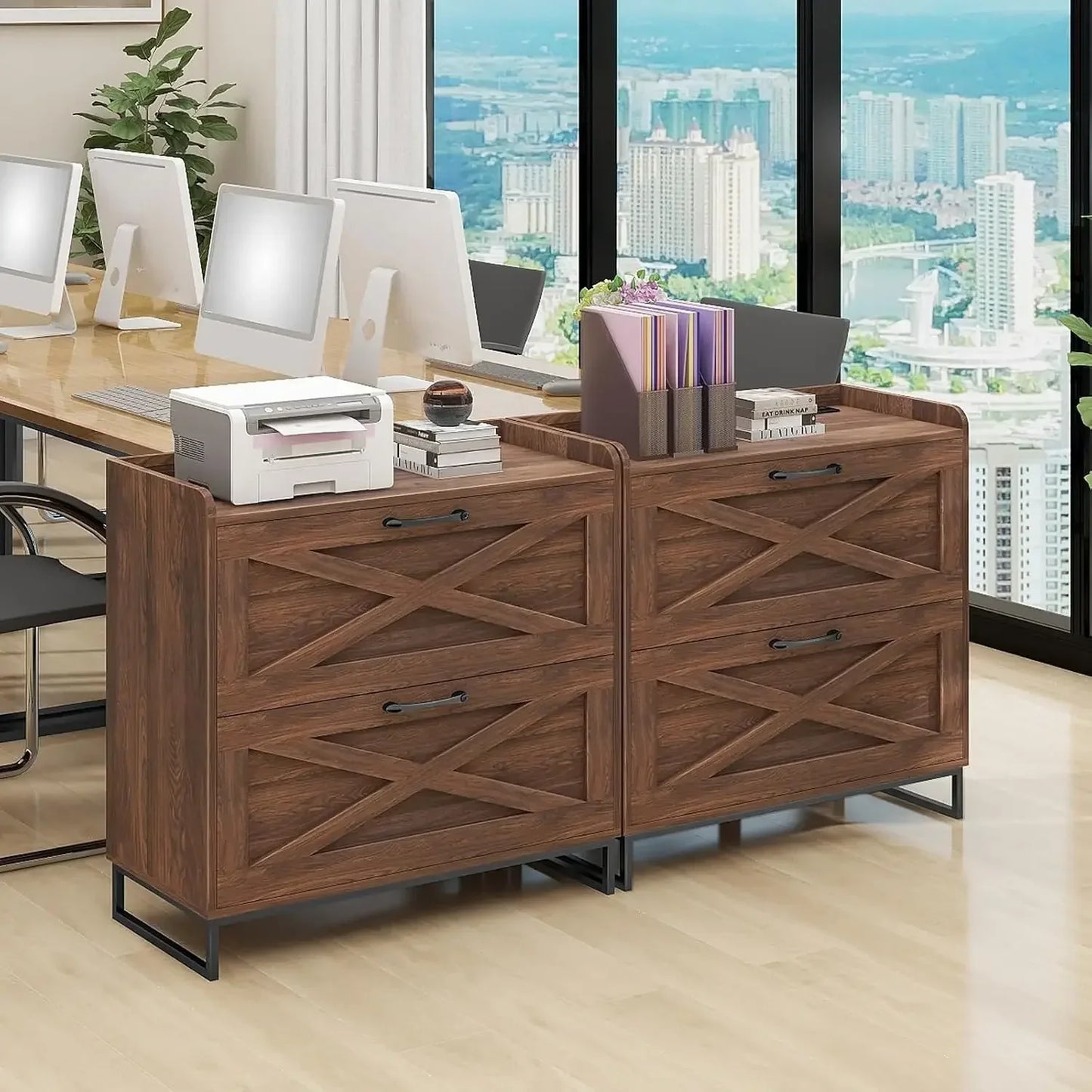 Premium Wood Filing Cabinet with Charging Station & Dual File Drawers