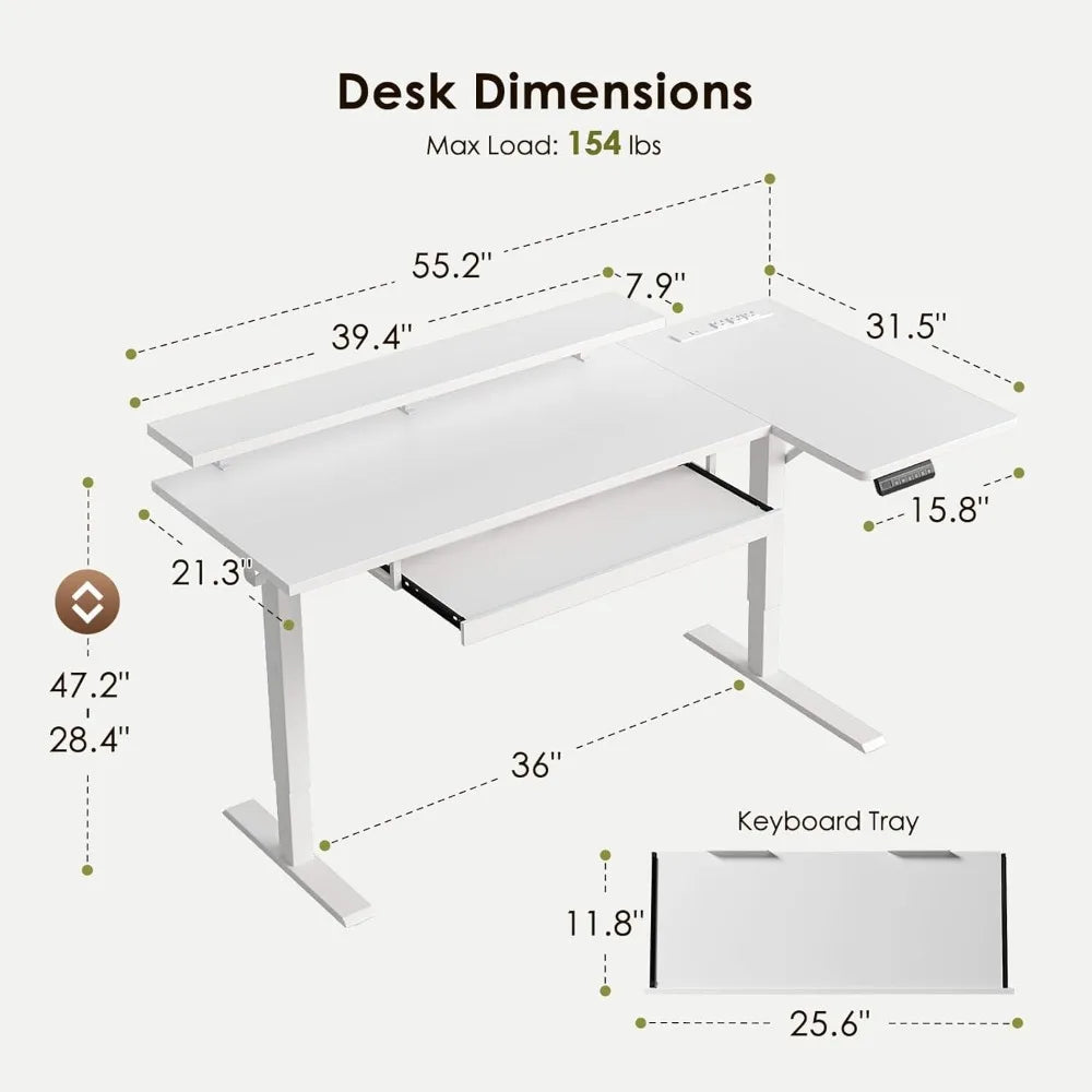 Electric L-Shaped Standing Desk with Keyboard Tray & Charging Station