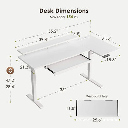 Electric L-Shaped Standing Desk with Keyboard Tray & Charging Station