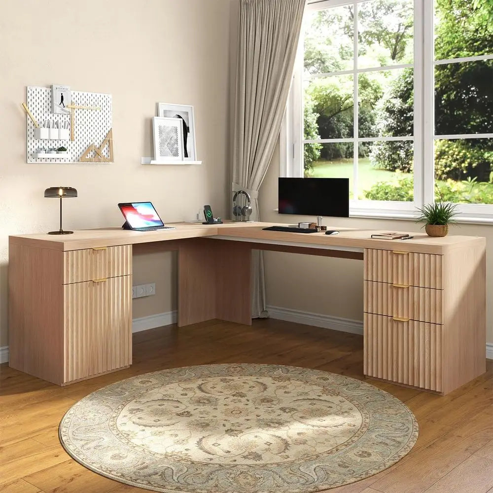 Oak L-Shaped Desk with Charging Station