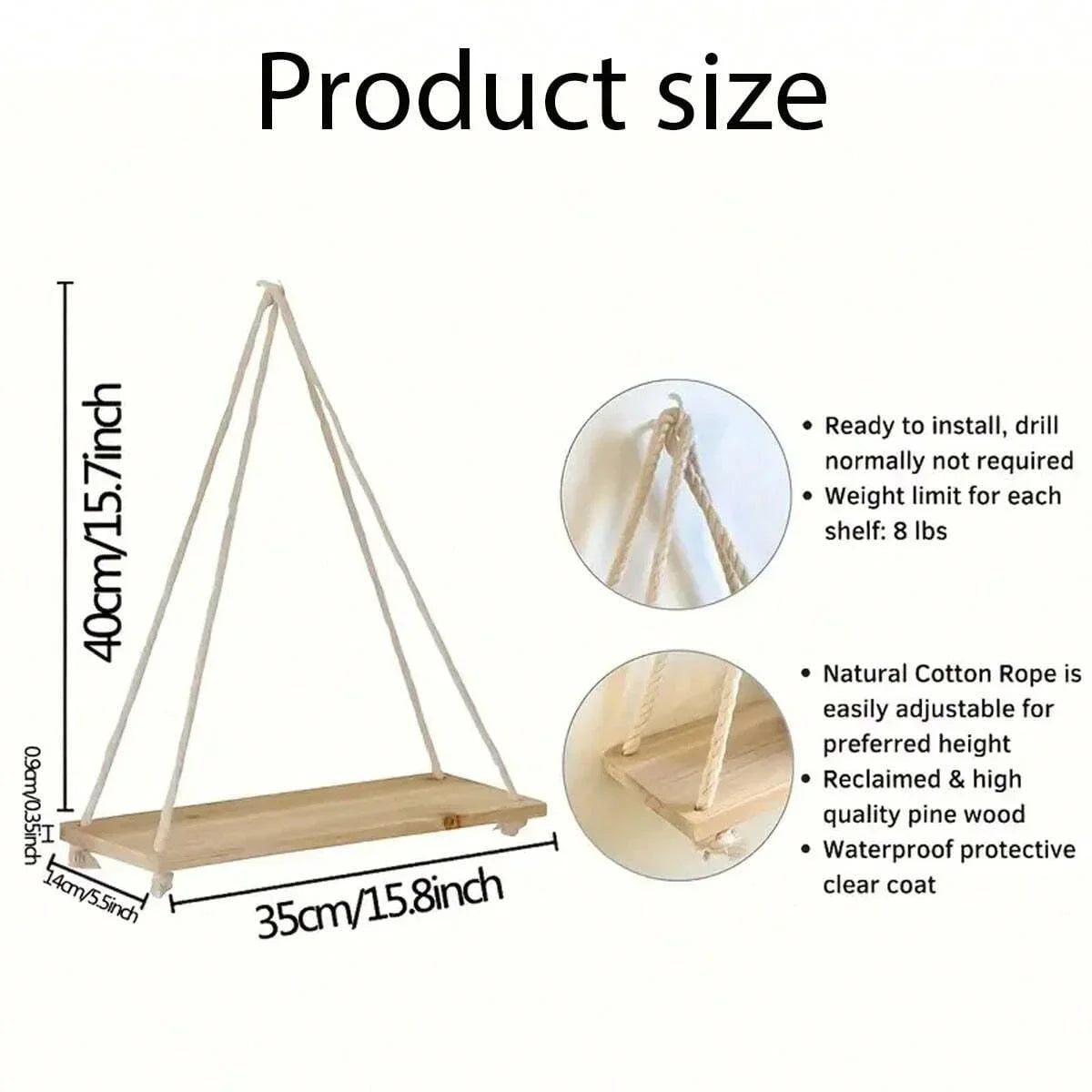 Wooden Hemp Rope Hanging Shelf