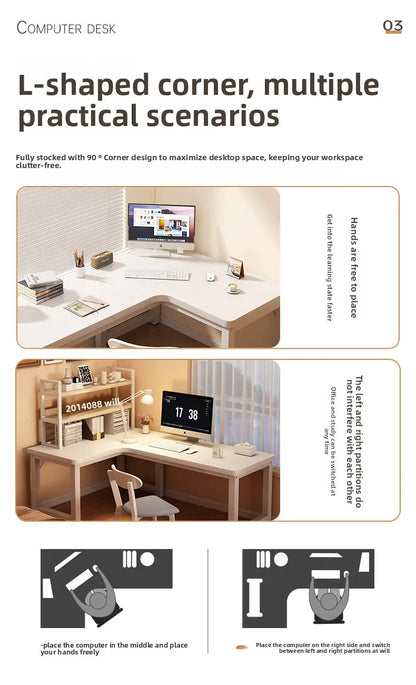 L-Shaped Computer Desk with Storage Shelf