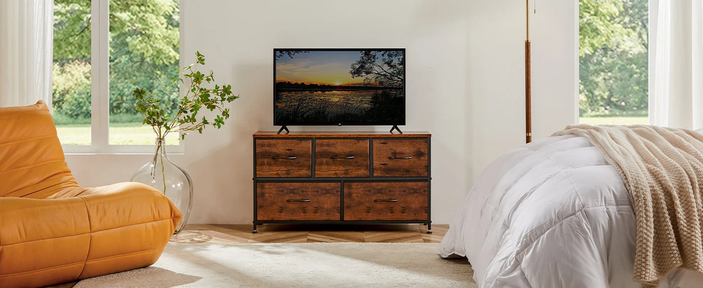 Modern 5-Drawer Storage Cabinet with Wood Top & Metal Frame