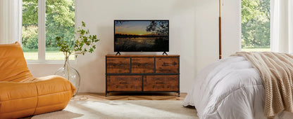 Modern 5-Drawer Storage Cabinet with Wood Top & Metal Frame