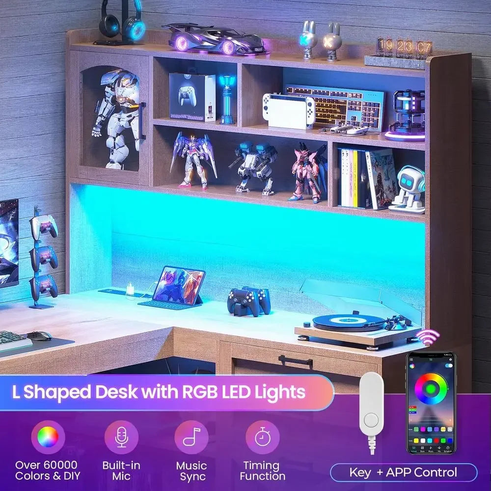 Hearthstone L-Shaped Desk with Display Cabinet & LED Lighting
