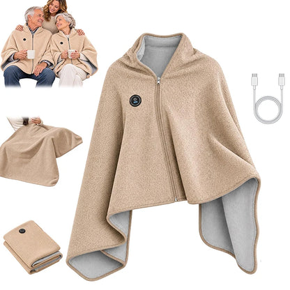 Heated Cape Shawl USB Powered Zip-Front Knit Fleece