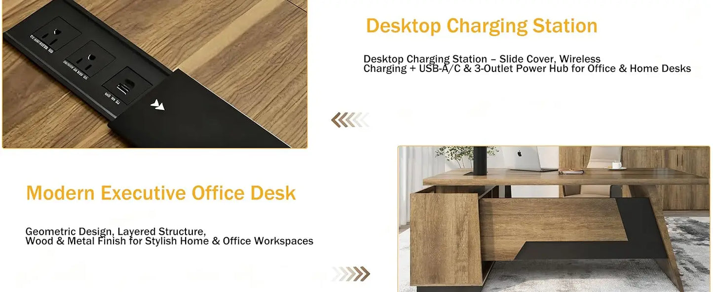 Executive L-Shaped Wooden Office Desk with Storage Cabinet