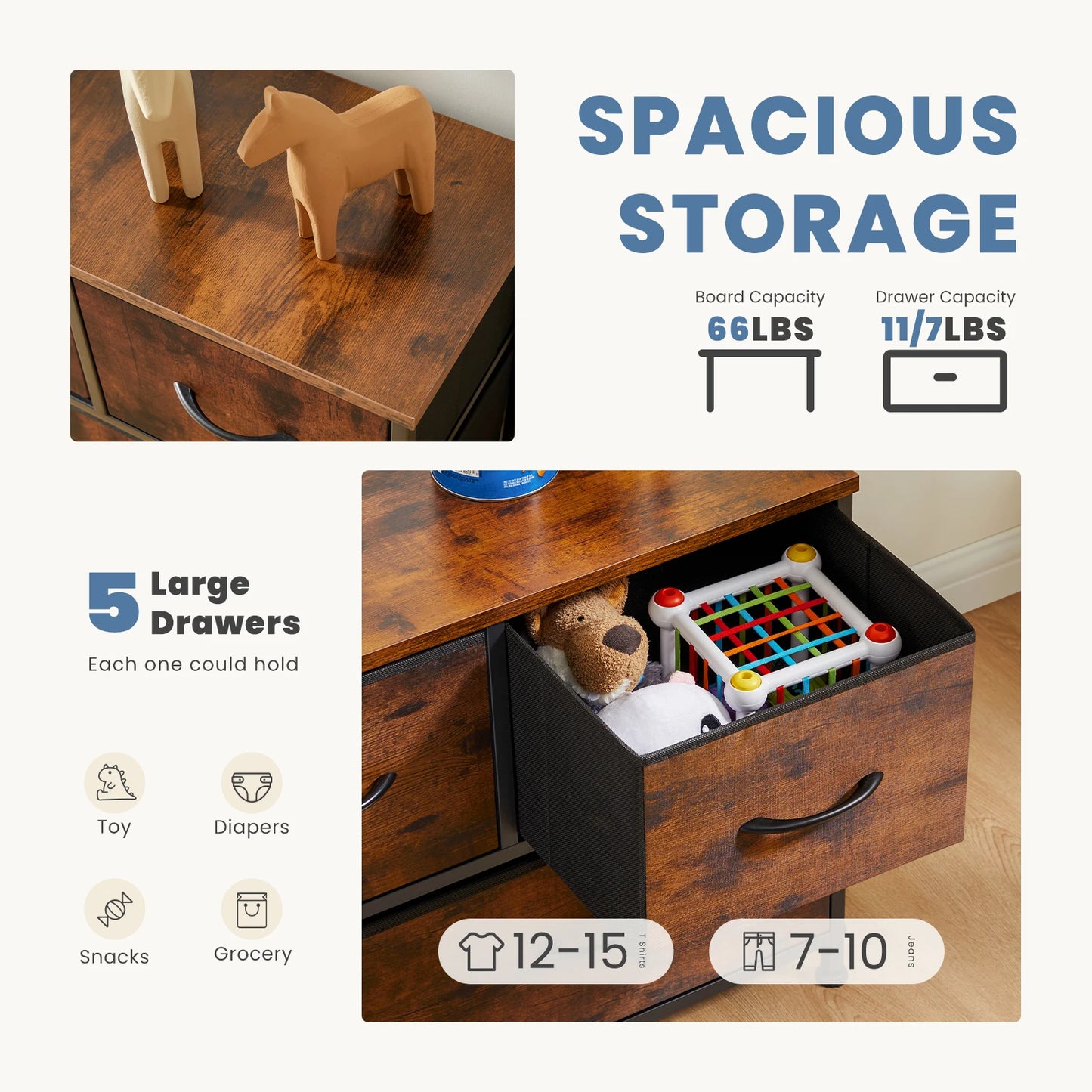 Modern 5-Drawer Storage Cabinet with Wood Top & Metal Frame