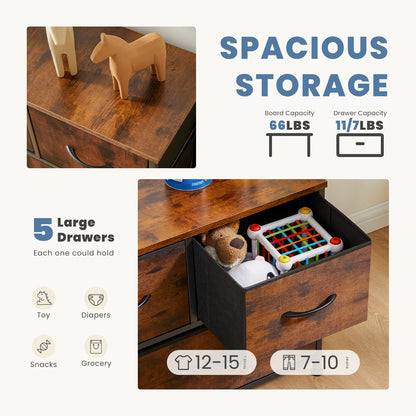 Modern 5-Drawer Storage Cabinet with Wood Top & Metal Frame