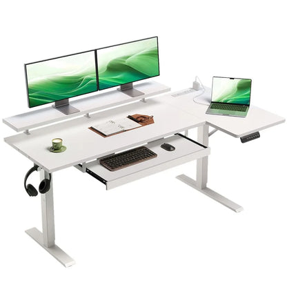 Electric L-Shaped Standing Desk with Keyboard Tray & Charging Station