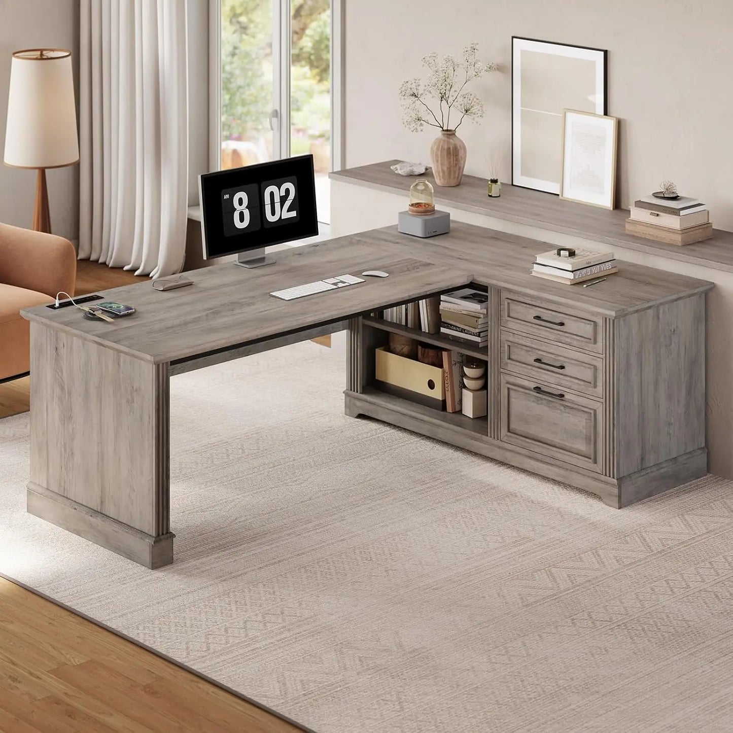 Farmhouse L-Shaped Desk with File Drawer & Built-In Charging Station