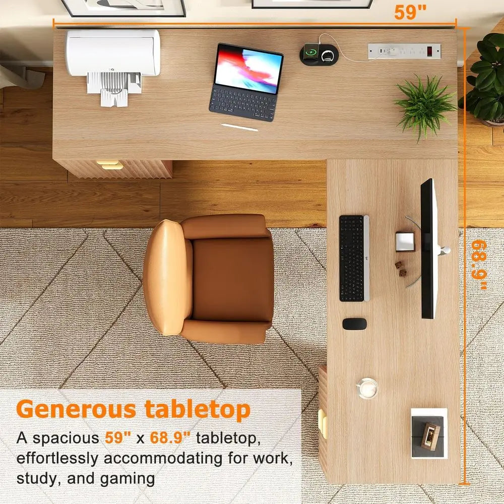 Oak L-Shaped Desk with Charging Station