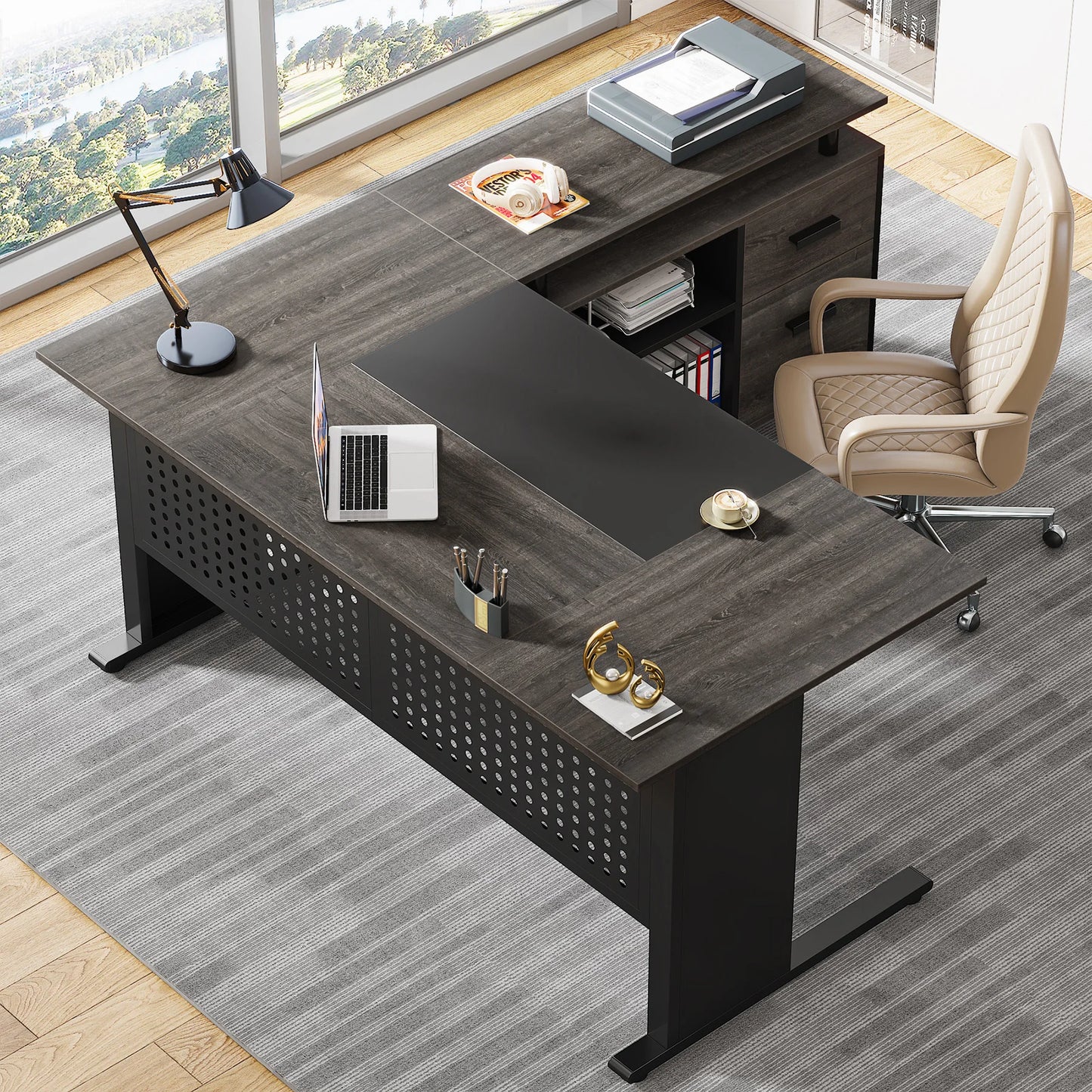 Parkview L-Shaped Executive Desk with Storage Cabinet & File Drawer