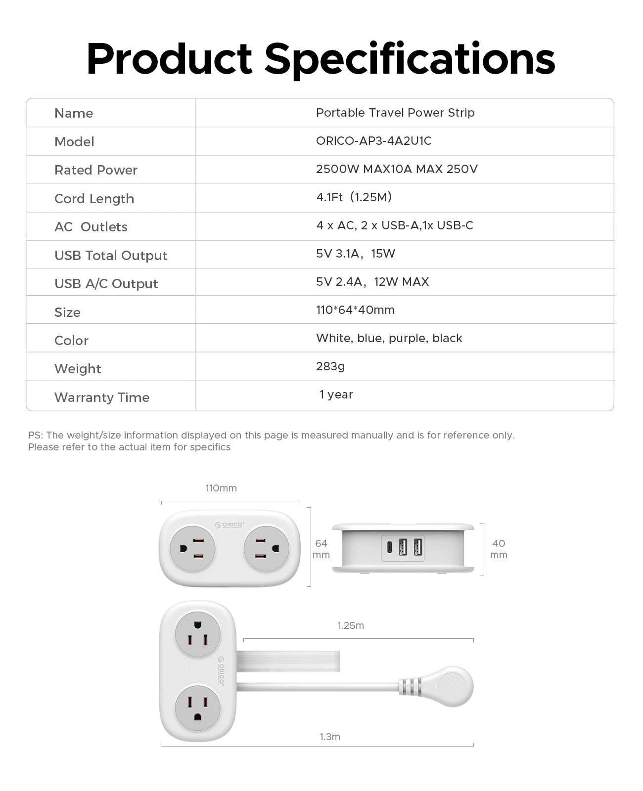 ORICO Cable-Wrap Travel Power Strip