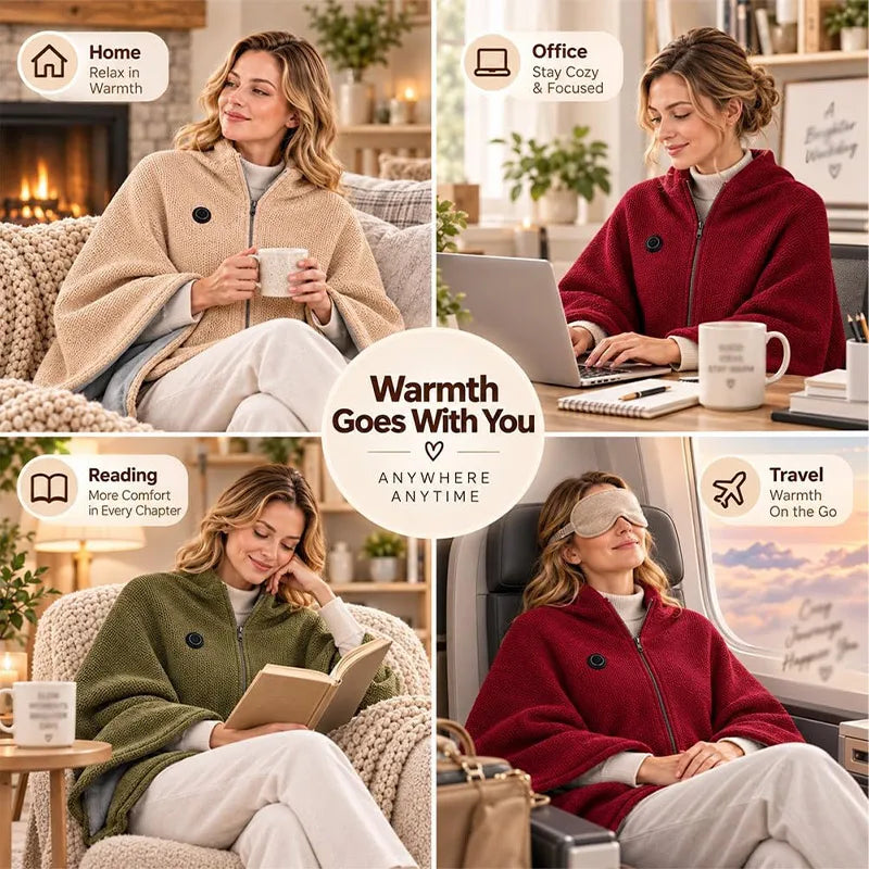 Heated Cape Shawl USB Powered Zip-Front Knit Fleece
