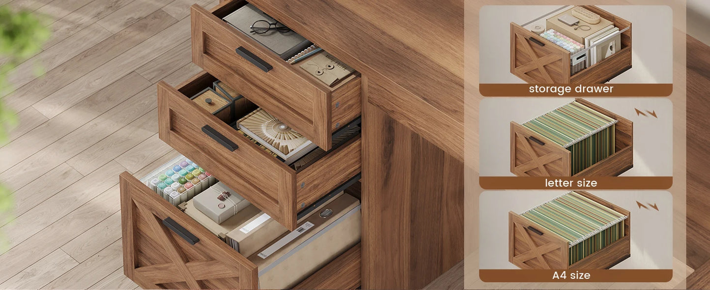 Farmhouse L-Shaped Desk with File Drawer & Built-In Charging Station