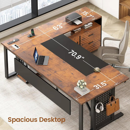Rustic L-Shaped Executive Desk with Rolling Cabinet