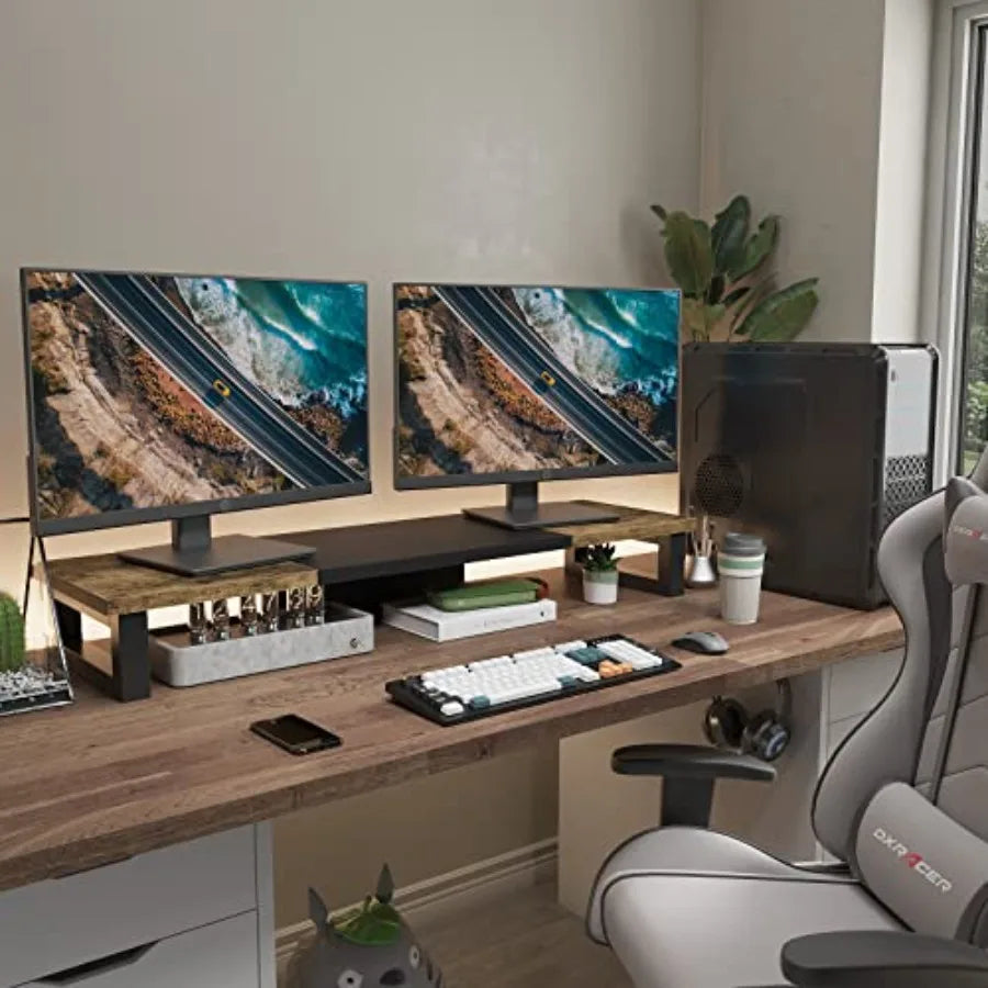 Dual Monitor Stand Riser with Desktop Storage Shelf