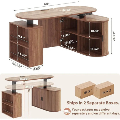 Walnut L-Shaped Standing Desk with Storage Cabinet & Bookshelf