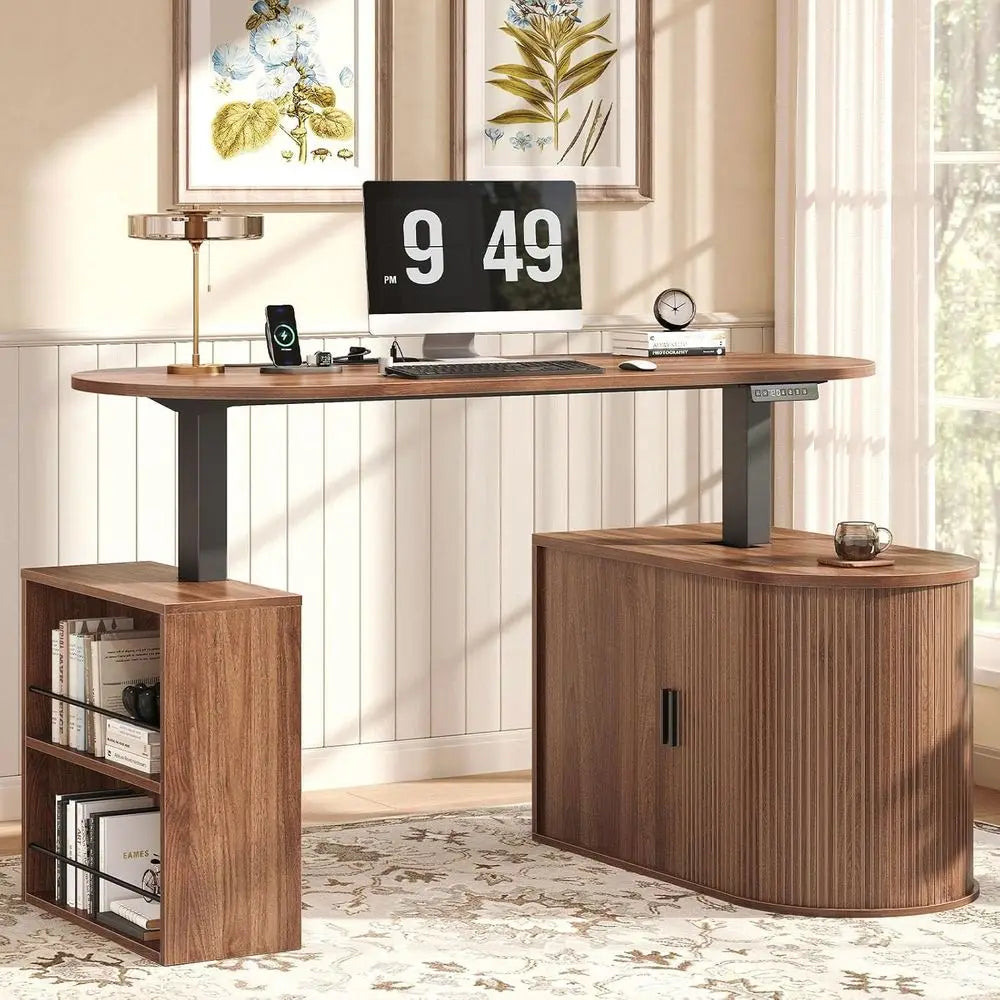 Walnut L-Shaped Standing Desk with Storage Cabinet & Bookshelf