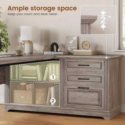 Farmhouse L-Shaped Desk with File Drawer & Built-In Charging Station