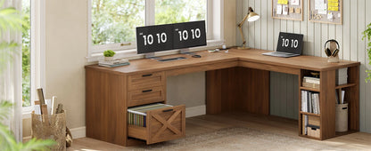 Farmhouse L-Shaped Desk with File Drawer & Built-In Charging Station