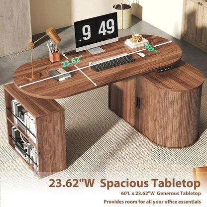 Walnut L-Shaped Standing Desk with Storage Cabinet & Bookshelf