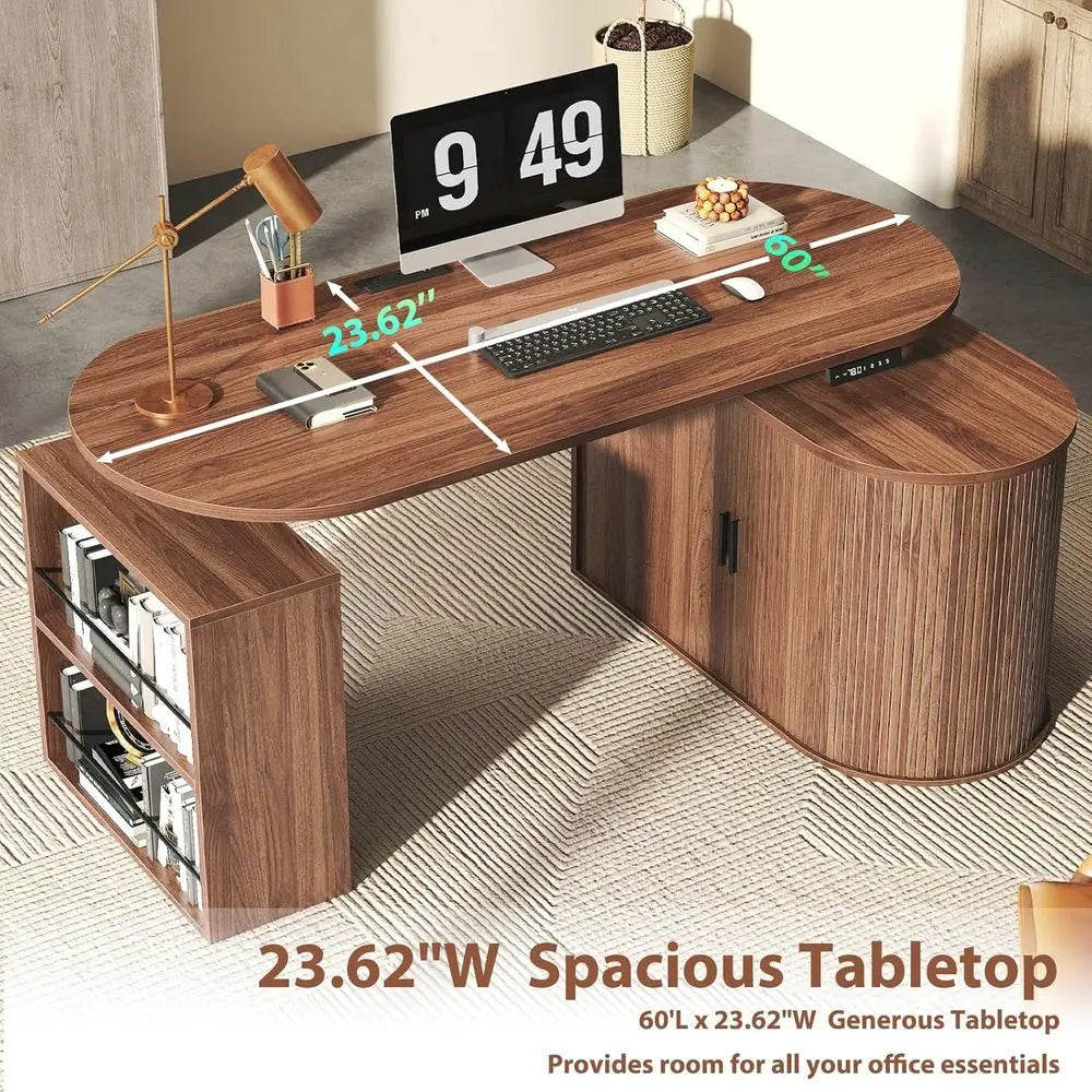 Walnut L-Shaped Standing Desk with Storage Cabinet & Bookshelf