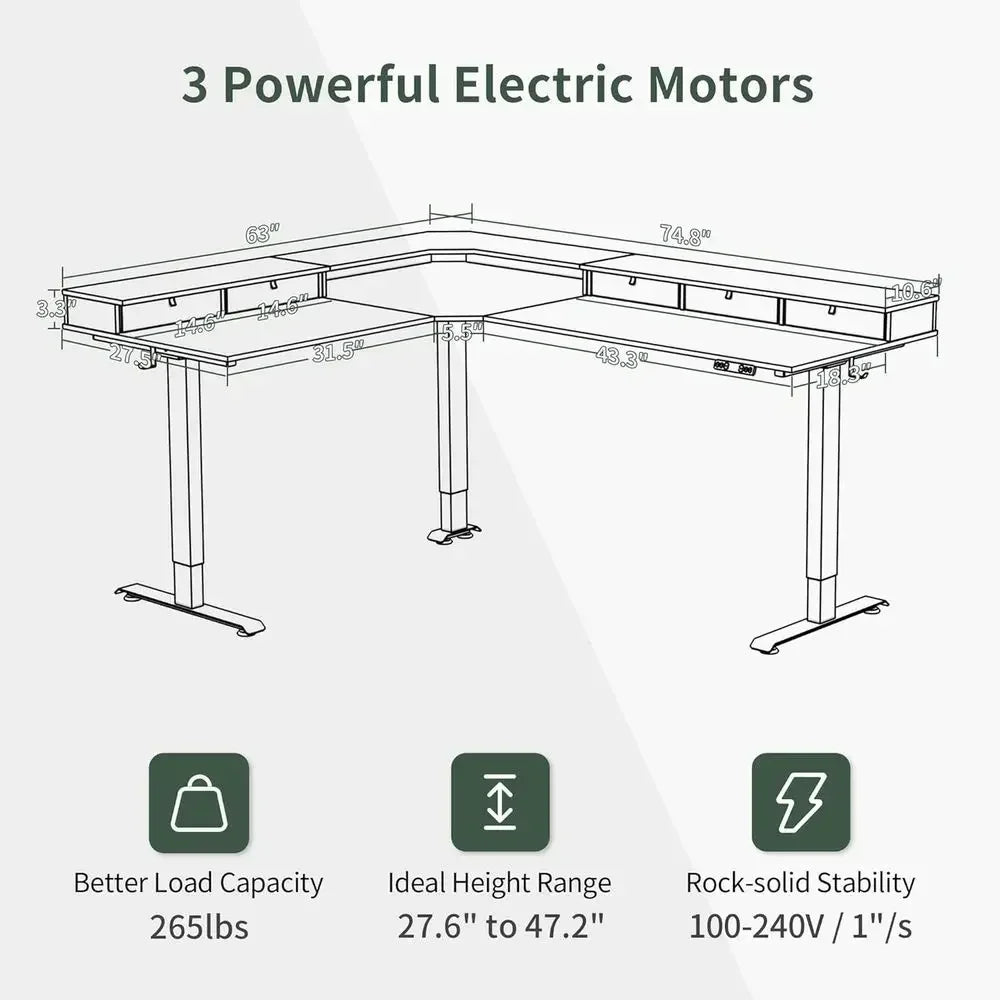 Premium L-Shaped Electric Standing Desk with Triple-Motor Lift & Storage