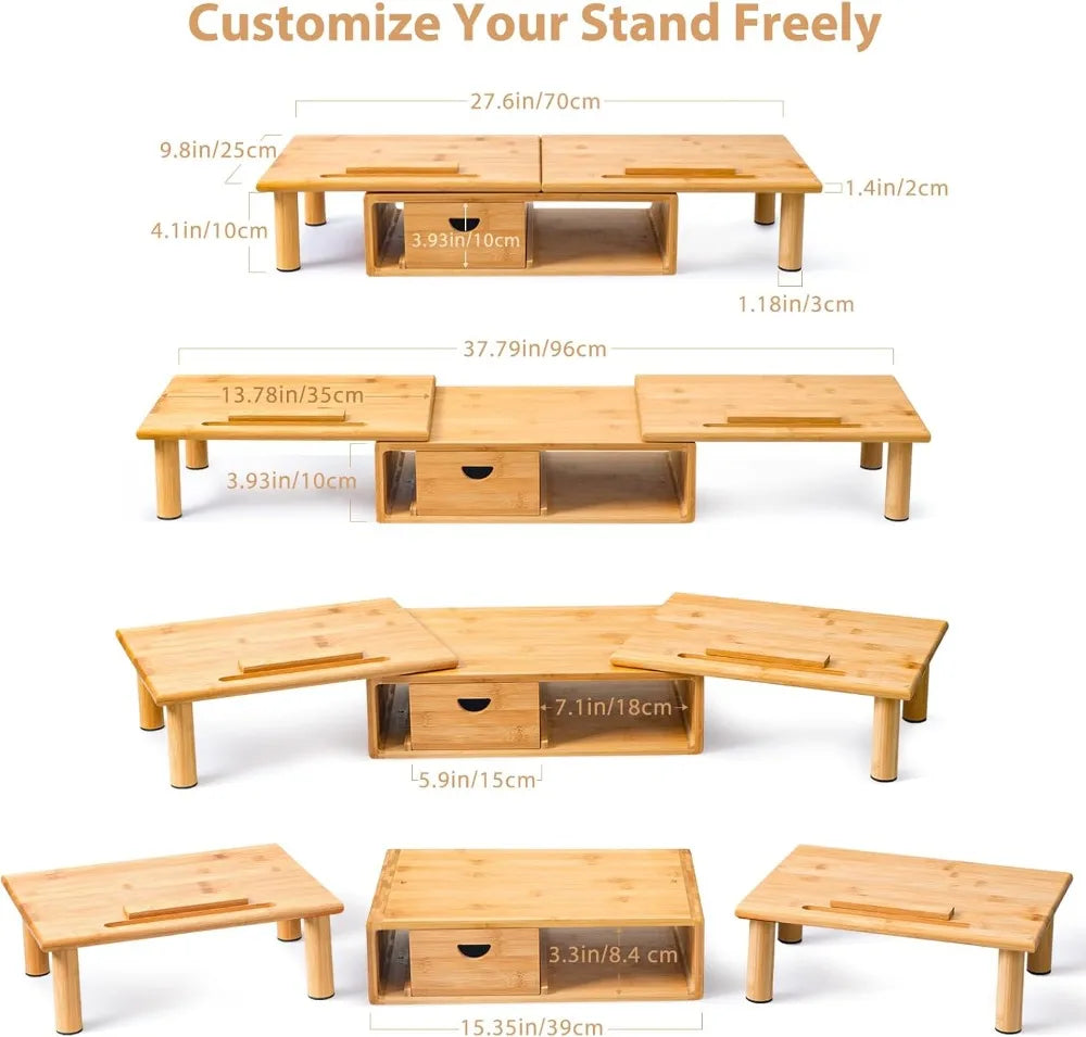 Adjustable Bamboo Dual Monitor Stand with Storage Drawer