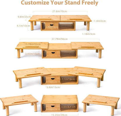 Adjustable Bamboo Dual Monitor Stand with Storage Drawer