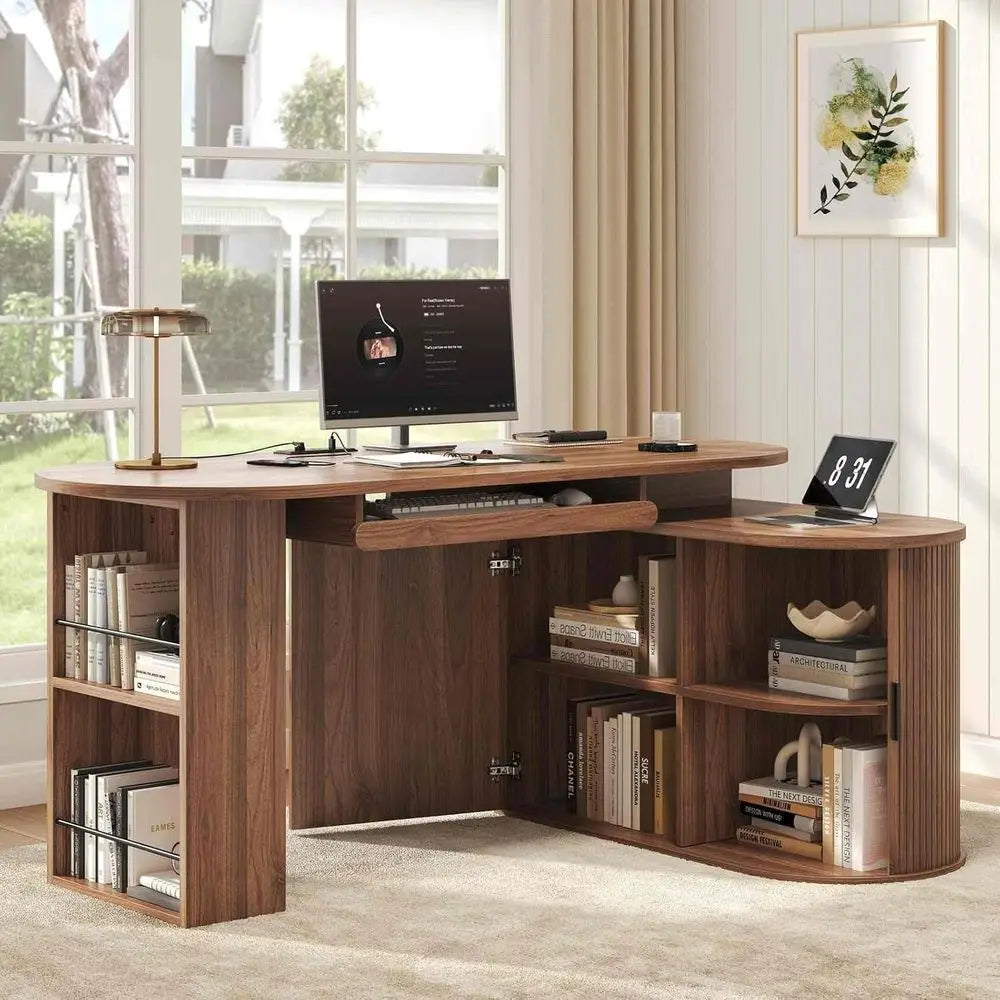 Walnut L-Shaped Desk with Keyboard Tray