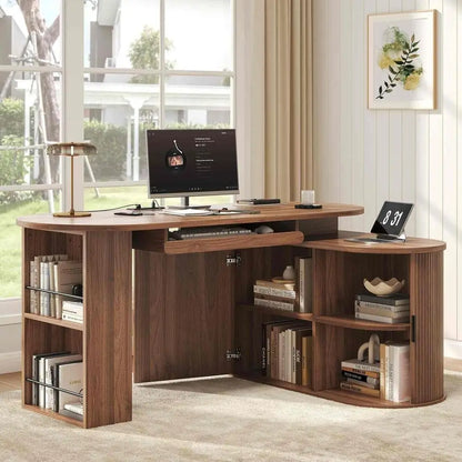 Walnut L-Shaped Desk with Keyboard Tray