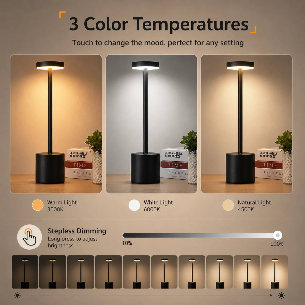 Cordless Rechargeable Touch Table Lamp | 3 Light Colors, Stepless Dimming