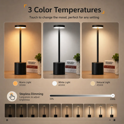 Cordless Rechargeable Touch Table Lamp | 3 Light Colors, Stepless Dimming