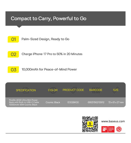 Mini Power Bank with Built-In Cable