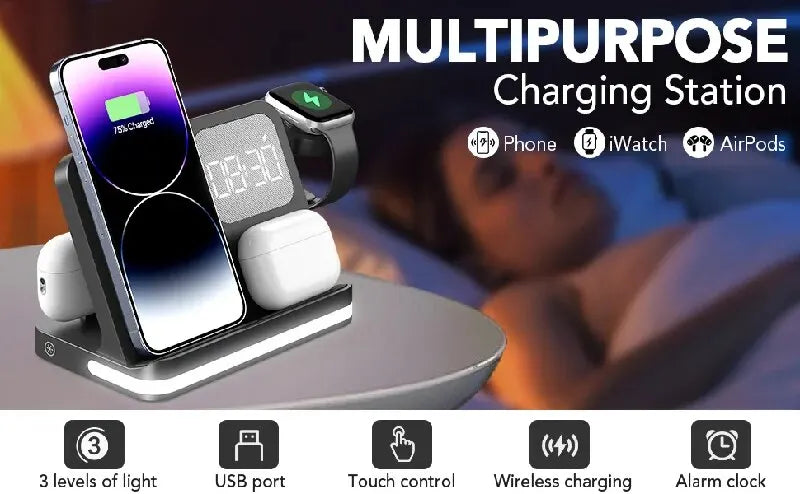 AuraCharge Pro 6-in-1 Wireless Charging Station with LED Clock