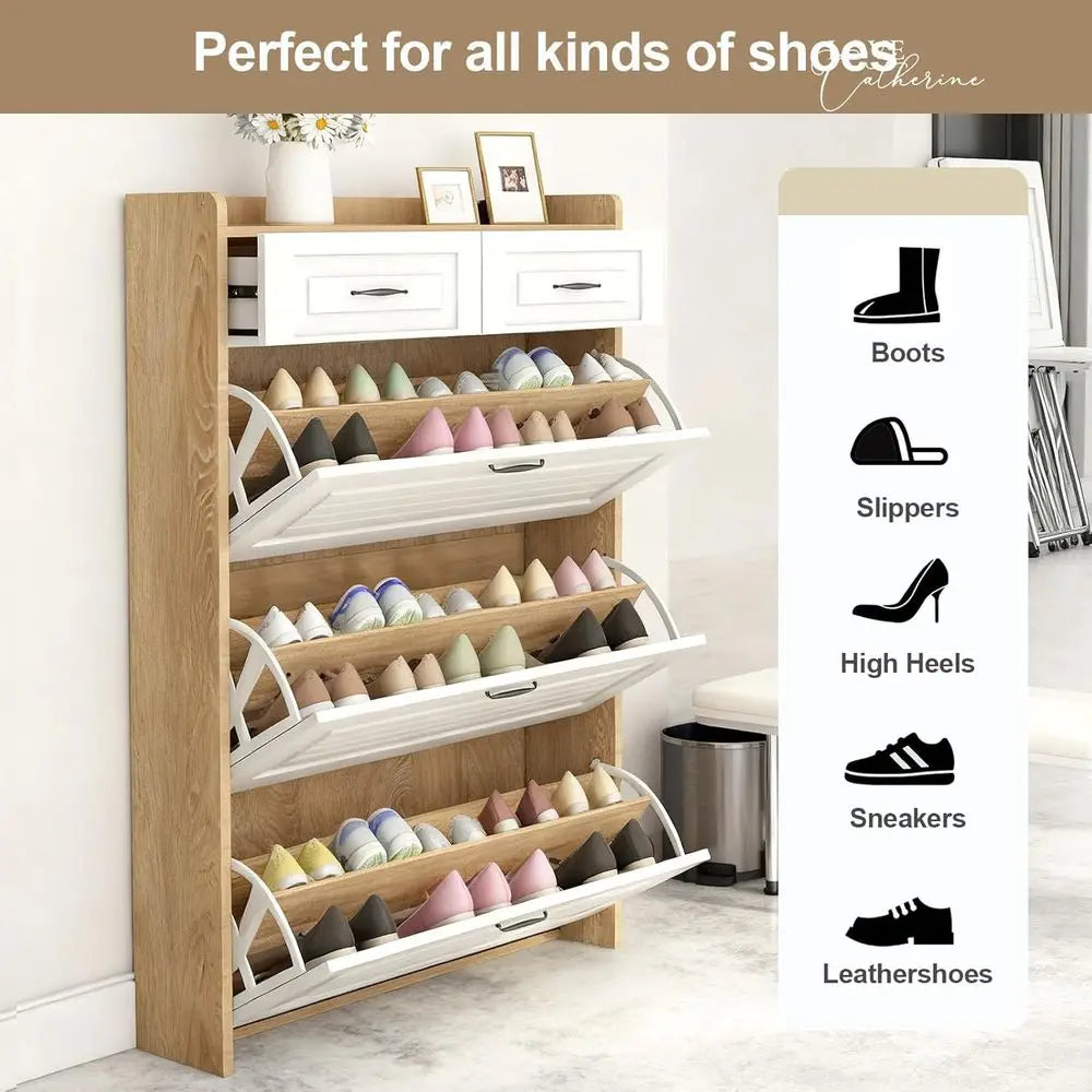 Oak & White Lip-Door Shoe Cabinet