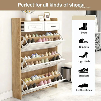 Oak & White Lip-Door Shoe Cabinet