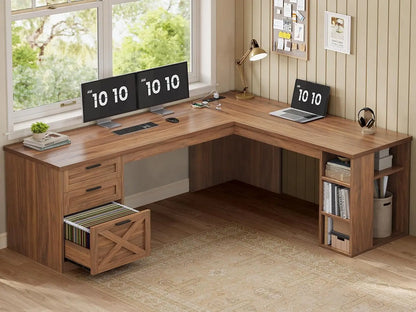 Farmhouse L-Shaped Desk with File Drawer & Built-In Charging Station