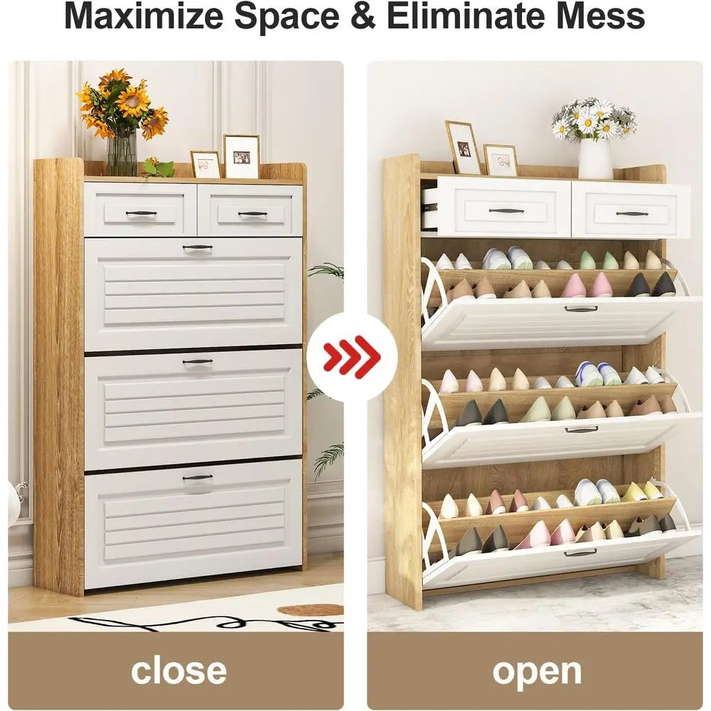 Oak & White Lip-Door Shoe Cabinet