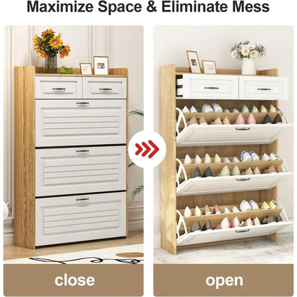 Oak & White Lip-Door Shoe Cabinet