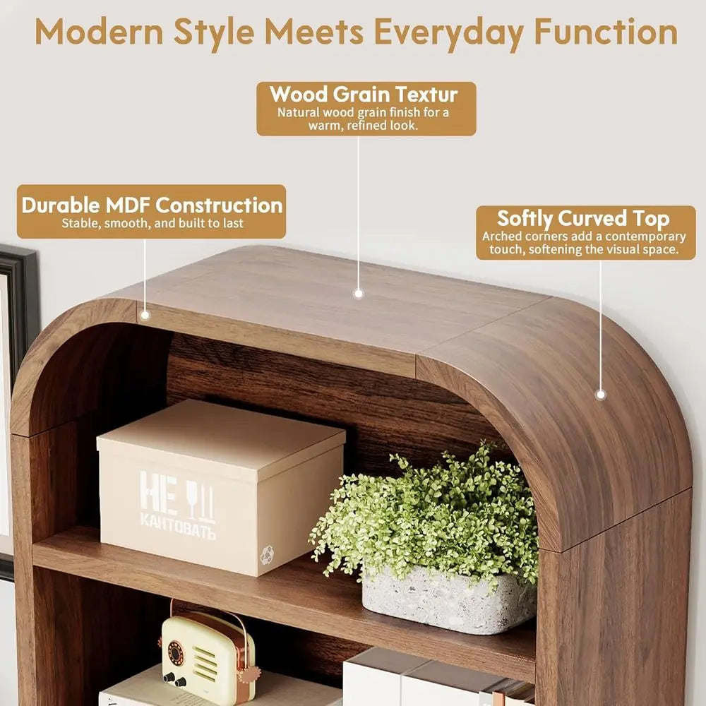 Arched Wood Bookcase with Drawer & Open Display Shelves