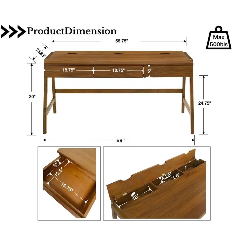 59" Walnut Writing Desk with Hidden Cable Management