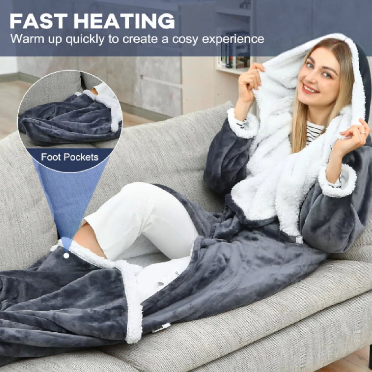 Wearable Heated Blanket Robe | Sleeves, Hood and Foot Pocket, 10 Heat Levels