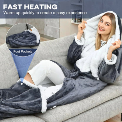 Wearable Heated Blanket Robe | Sleeves, Hood and Foot Pocket, 10 Heat Levels