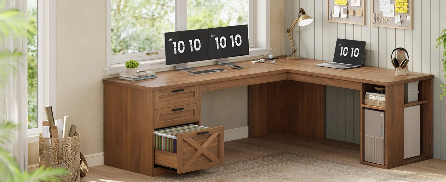Farmhouse L-Shaped Desk with File Drawer & Built-In Charging Station